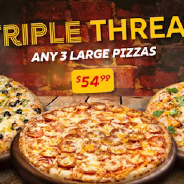 {Triple Threat:} 3 Large Pizzas